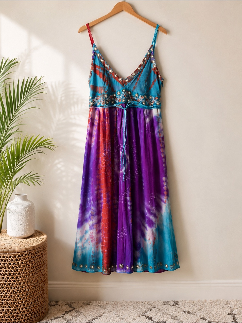 Whistler London Beaded Boho Dress | Y2K Festival Tie Dye Embroidered